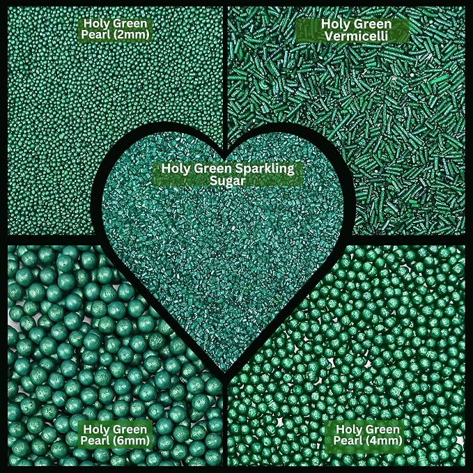 Confect- Sprinkle Holly Green Christmas Sprinkles – Assorted 5-Pack for Cake & Cupcake Decorating | Festive Mix of Holly Green Dragees, Jimmies & Sparkling Sugar | Vegan, Gluten-Free, Nut-Free Edible Holiday Topping - 5 Oz