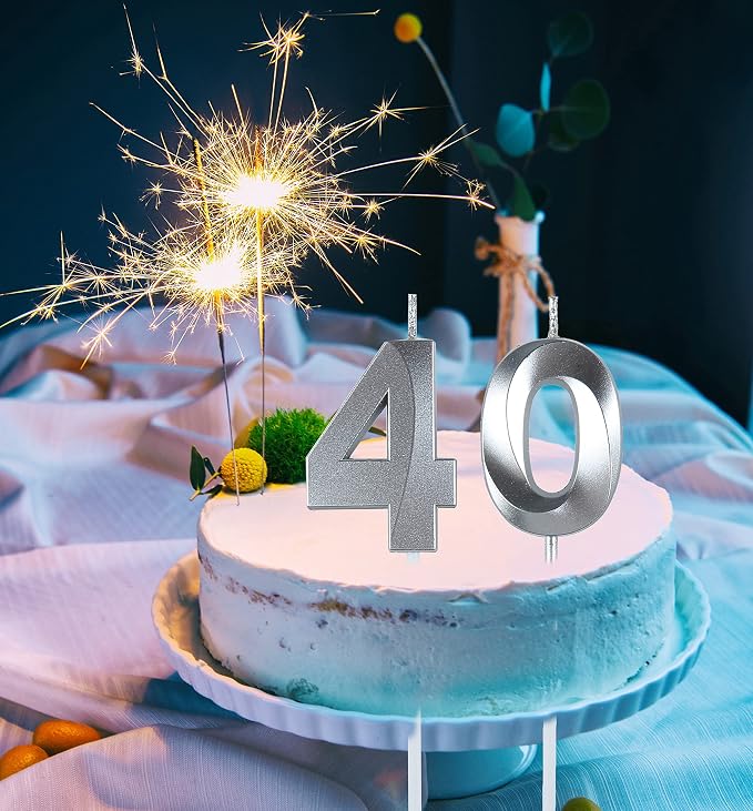 Silver 40th Birthday Candles, Number 40 Cake Topper for Birthday Decorations Party Decoration