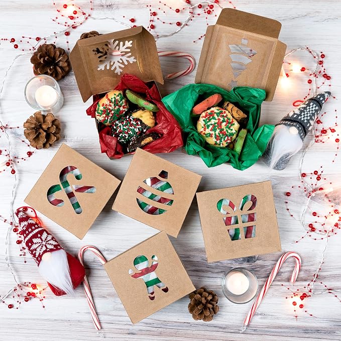 JOYIN 36 PCS Christmas Cookie Boxes for Gift Giving, Brown Bakery Treat Boxes with Window, 4" x 4" x 2.5" Gift Wrap Box for Xmas Holiday Party Favor Pastries, Cupcakes, Donuts, Brownies, Donuts