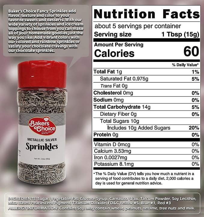 Bakers Choice Metallic Silver Sprinkles for Baking - Jimmies Sprinkles for Ice Cream Toppings - Dairy Free, Kosher 2.8 oz.