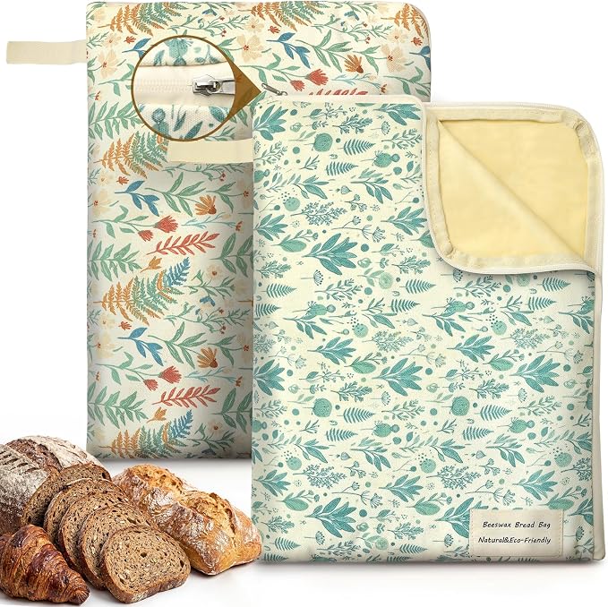 2 Packs Wide Zipper Access Beeswax Bread Bags for Homemade Bread,17"x12.6"Reusable Organic Beeswax Linen Cotton Sourdough Bag,Food Storage Bag,Freezer-Friendly with Water-Resistant Zip to Keep Fresh 2