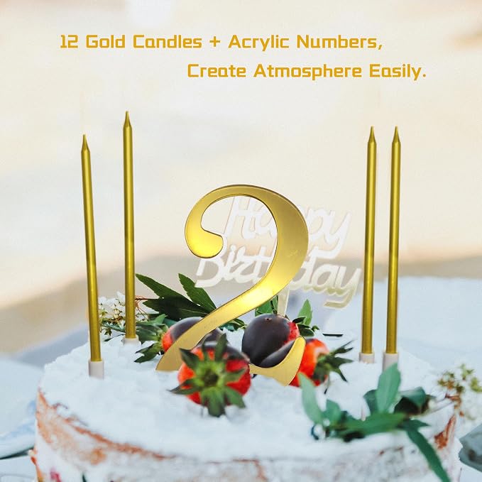3.7IN Gold Acrylic Number 2 Cake Topper with 12 Gold Long Candles - Perfect for 2nd Birthday Party Supplies, Ideal for Cake Decoration