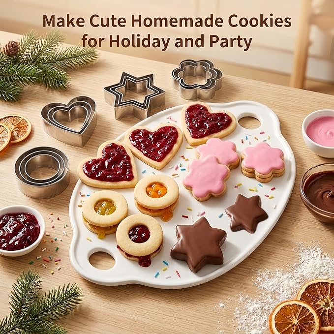 Stainless Steel Cookie Cutters Set 12 Pcs, Star, Flower, Heart, Round Shapes Cookie Cutters Variety Pack for Home Party Holiday Baking