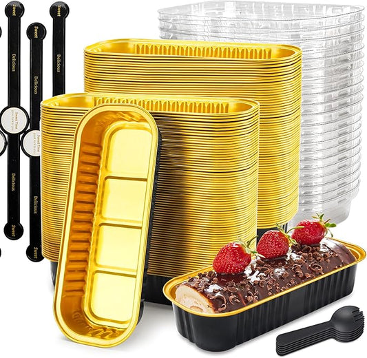 Loaf Pans with Lids, 100 Pack Black Gold 6.8oz for Catering | Fits small cakes, chocolate bites, fruit cups and chilled desserts; paired extras make serving details easier to finish.