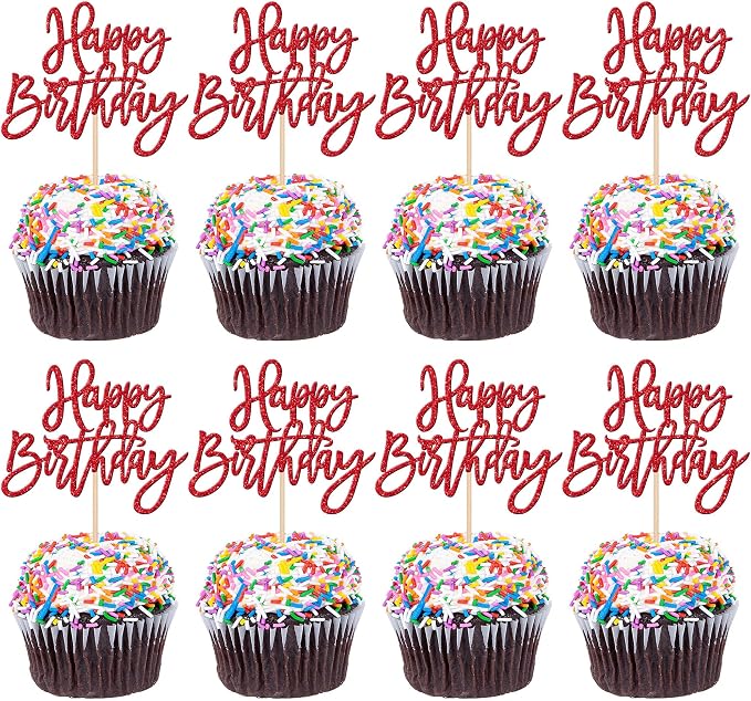 24 PCS Glitter Cupcake Toppers - Happy Birthday & Anniversary Picks - Red