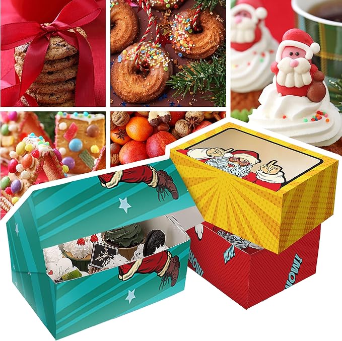 easykart labels 12 PCs Christmas Bakery Cookie Gift Box (8.75" x 5.75" x 2.75") in 3 Designs, Colorful Patterns with Window for Pastries, Cupcakes, Cookies, Brownies, Donuts, and Gift-Giving