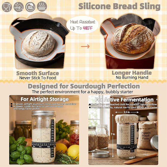 LOCONHA Sourdough Starter Kit, Sourdough Bread Baking Supplies Making Tools， Includes Round & Oval Banneton Bread Proofing Basket, Sling, Jar, Whisk, Scrapers, Stencils & Bag