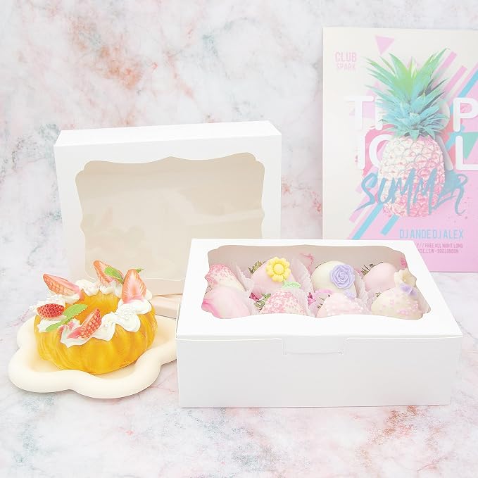50pcs 8x6x2.5 Inch White Bakery Boxes Cookie Boxes with Window Treat Boxes Dessert Boxes for Cookie,Pastry,Macaron,Donut,Muffins,Chocolate,Cupcake and Candy Gift Giving