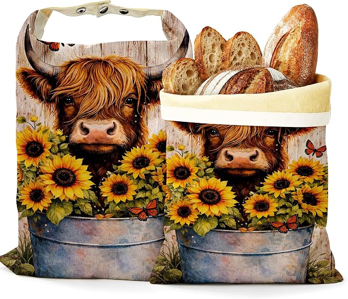 2 Pack Beeswax Highland Cow Bread Bags for Sourdough, Reusable Linen Sunflowers Butterfly Bread Bag 17x13'' Food Storage Cloth Bag Freezer-Friendly & Freshness Preservation