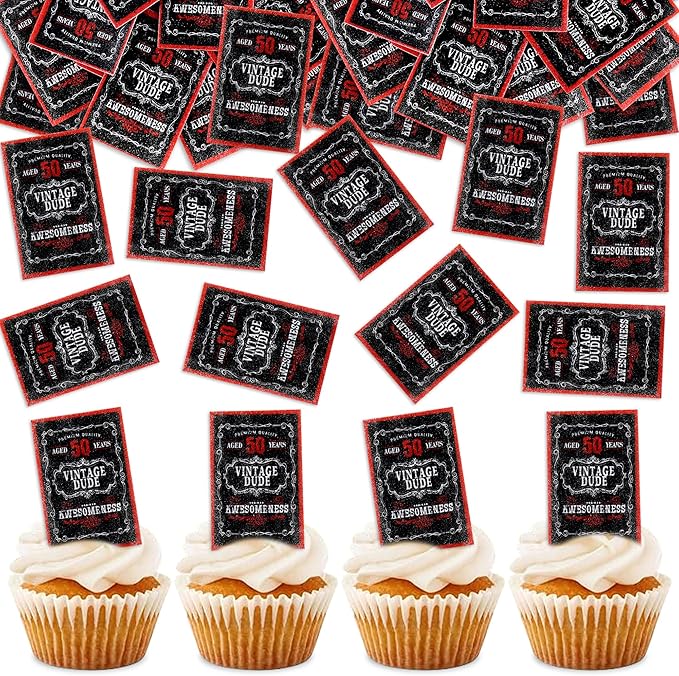 40Pcs Edible Rectangle Aged to 50 Years Card Cupcake Toppers Edible Black Red 50 Vintage Dude Awesomeness Cupcake Picks Drink Toppers for 50th Vintage Birthday Anniversary Party Decorations