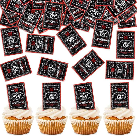 40Pcs Edible Rectangle Aged to 50 Years Card Cupcake Toppers Edible Black Red 50 Vintage Dude Awesomeness Cupcake Picks Drink Toppers for 50th Vintage Birthday Anniversary Party Decorations