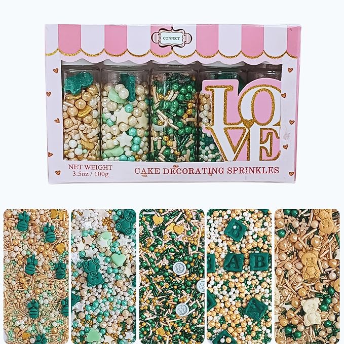 Confect Neutral Baby Shower Sprinkles | Mix Sage Green, Pearl, Lavander & Gold Sprinkles | Gender Reveal Sprinkles | Birthday Sprinkle | Assorted Pack of 5 Edible Sprinkle | Vegan, Gluten-Free, Nut-Free, Soy-Free, Dairy-Free, Palm Oil-Free - 5 Oz