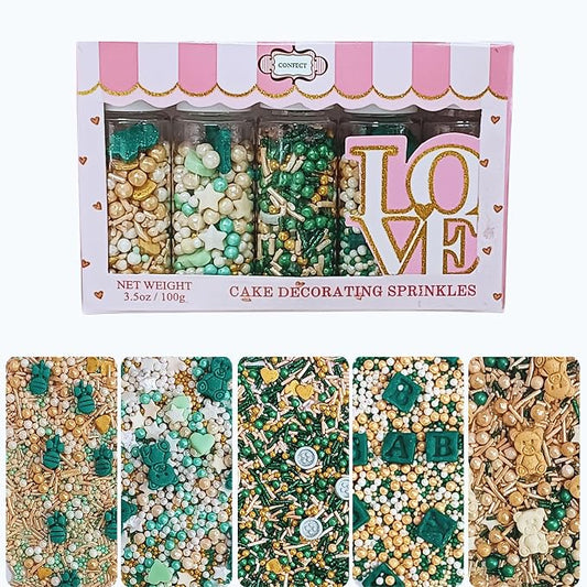 Confect Neutral Baby Shower Sprinkles | Mix Sage Green, Pearl, Lavander & Gold Sprinkles | Gender Reveal Sprinkles | Birthday Sprinkle | Assorted Pack of 5 Edible Sprinkle | Vegan, Gluten-Free, Nut-Free, Soy-Free, Dairy-Free, Palm Oil-Free - 5 Oz