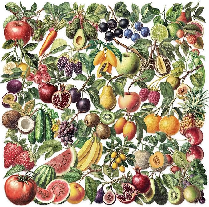 50Pcs Vintage Fruit and Vegetable Stickers, Waterproof Decals for Journal, Scrapbooking, Laptop, Kindle, Photo Album, PET Transparent Aesthetic Stickers