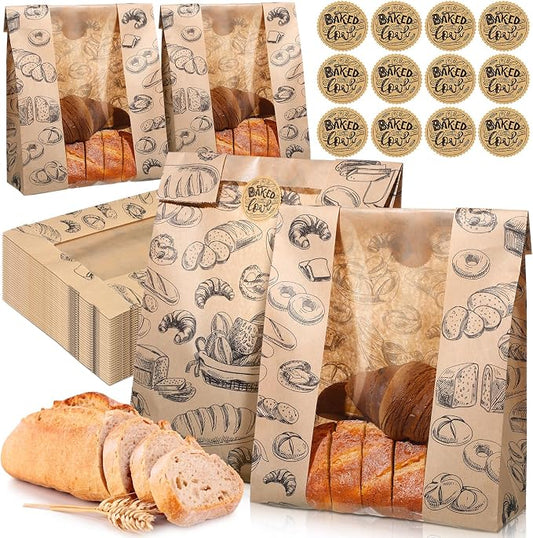 MotiMind 100 Packs Paper Bread Bags for Homemade Bread Sourdough 14 x 8.3 x 3.5 Inches Kraft Paper Bakery Bag with Window Label Seal Sticker for Baked Food Packaging Storage(Brown)