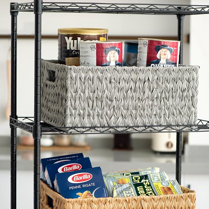 JS HANGER Large Woven Rattan Storage Basket with Handle for Organizing Waterproof Plastic Wicker Basket for Bathroom, Living Room 16.53’’ x 12.8’’ x 7.5’’ Grey