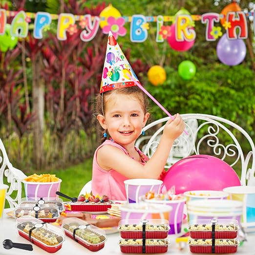 NPLUX 50 PACK Mini Cake Pans with Lids and Spoons, Rectangular Aluminum Foil Bread Pan, Mini Loaf Pans and Food Containers with Lids for Graduation Gifts Party Favors(Red, 6.8oz)