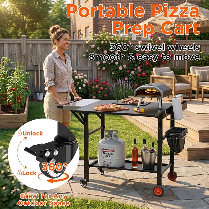 Pizza Oven Table for Ooni Pizza Ovens, Grill Cart Table with Topping Station, Large Countertop Pizza Oven Stand, Foldable Outdoor Cooking Stand with Propane Storage
