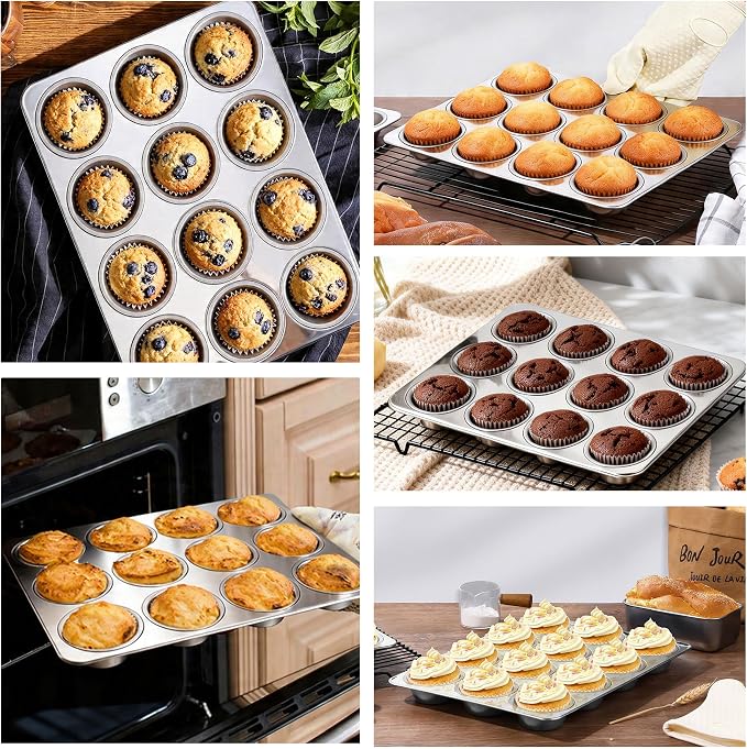 LIANYU 12 Cup Muffin Cupcake Pan for Baking, 4 Pack Stainless Steel Cup Cake Muffin Tin, Non-Toxic Muffin Cupcake Tray Pan for Oven, Metal Cupcake Mold for Mini Muffin Quiches, Dishwasher Safe