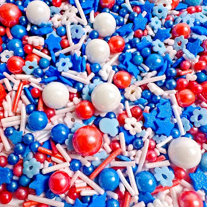 Red White and Blue Sprinkles, Patriotic Sprinkles Mix, 4th of July Sprinkles, Edible Jimmies, Stars, Flowers and Pearls Mixed, Perfect for Cake, Cupcake, Ice Cream, Cookies, Donuts Toppings