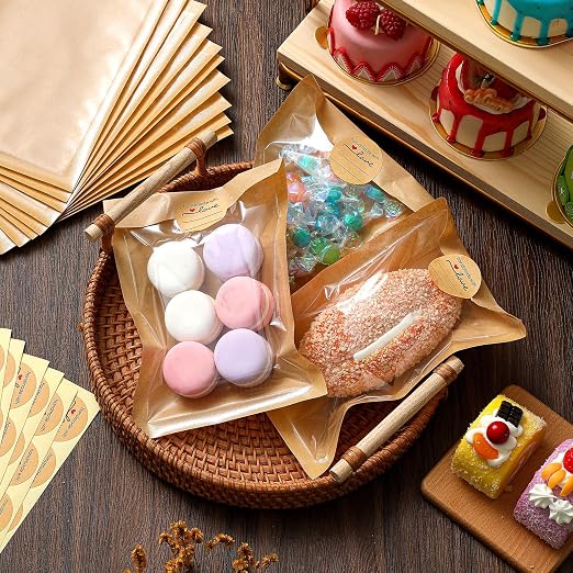 Outus 100 Pcs Cookie Packaging Bags with Seal, 5.1 x 7.5 Inch Bakery Pastry Bags with Window, Heat Sealable Grease Resistant Paper to Go Bake Sleeves for Gift Giving Donut Bread Sandwich (Brown)