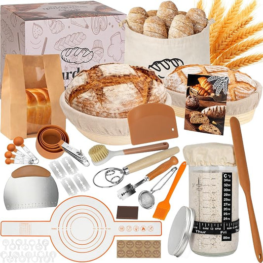 LOCONHA Sourdough Starter Kit, Sourdough Bread Baking Supplies Making Tools， Includes Round & Oval Banneton Bread Proofing Basket, Sling, Jar, Whisk, Scrapers, Stencils & Bag