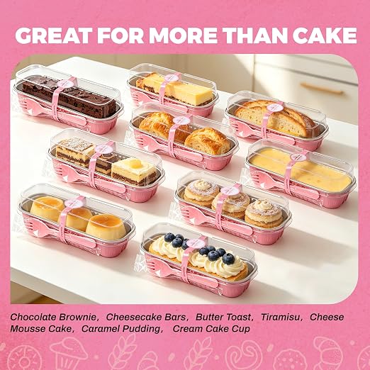 NPLUX Mini Cake Pans with Lids, Spoons and Stickers, 200 Pack 6.8 oz Pink Disposable Aluminum Foil Baking Pans, Rectangular Mini Loaf Containers for Brownies, Cheesecake, Banana Bread and Bake Sale