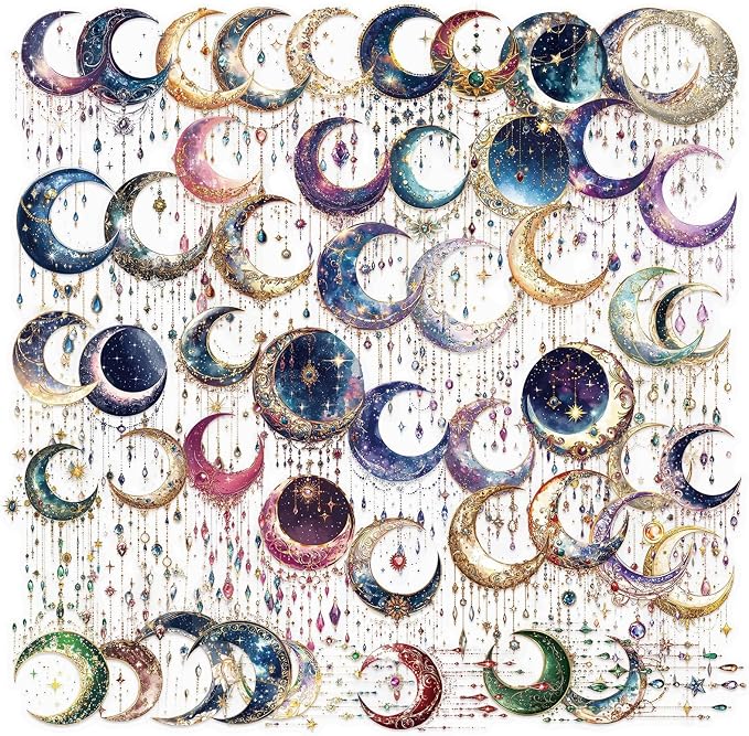 50PCS Dreamy Moon Crystal Gem Scrapbook Stickers Clear Celestial Vinyl Decals with Stars, Crystals & Galaxy Designs Aesthetic Stickers for Journaling, Planners, Crafts & Gifts (colourful-B10)