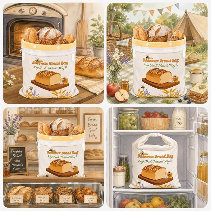 Removable Beeswax Bread Bags for Sourdough 3 Pack, Natural Bees Wax Bread Bag with Zipper,XL+M+S,Reusable Eco-Friendly Fresh Homemade Loaf Keeper, Gift for BakerS