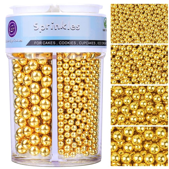 Sprinkles for Cake Decorating, Deluxe Gold Pearl Sprinkles 7.8oz 4 Sizes Mix for Cookie Baking Donuts Ice Cream Cake Cupcake Toppings