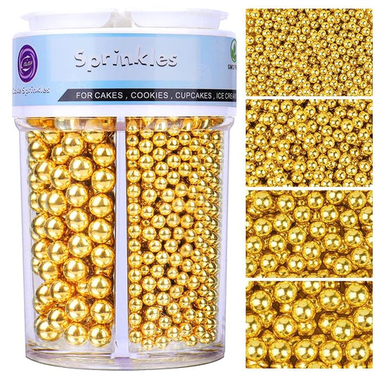 Sprinkles for Cake Decorating, Deluxe Gold Pearl Sprinkles 7.8oz 4 Sizes Mix for Cookie Baking Donuts Ice Cream Cake Cupcake Toppings