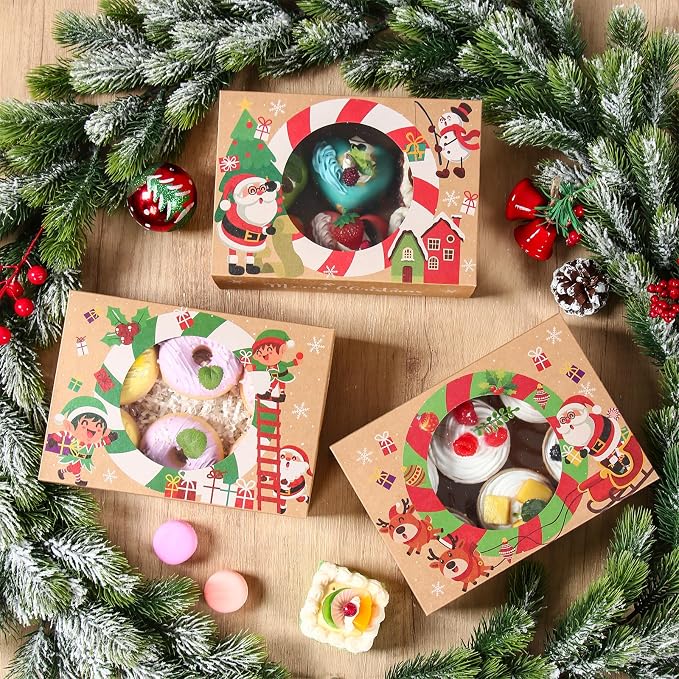 Patimate 12pcs Christmas Cookie Boxes for Gift Giving, 3 Style Brown Kraft Paper Bakery Boxes with Window, Xmas Holiday Treat Containers With Lids for Cookie Cupcakes Donuts Candy