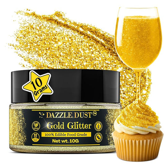 Dazzle Dust Edible Glitter Sprinkles for Cake Decorating, Drinks, Cookie, Icing, Dessert Decorations, Sparkly Luster, Food-Grade, Vegan, Gluten Free, Kosher, Bulk 10g, Gold