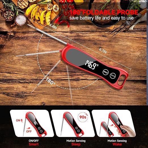 Instant Read Meat Thermometer Digital with IP67 Waterproof, Digital Meat Thermometer with 180° Foldaway Probe, Food Thermometer for Cooking, Oven, Grill,Candy,BBQ