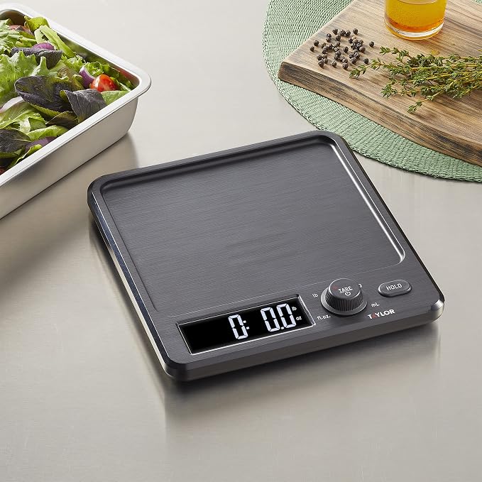 Taylor Digital Kitchen Scale with Dishwasher Safe Stainless Steel Container and Snap On, 22 pound capacity, Black