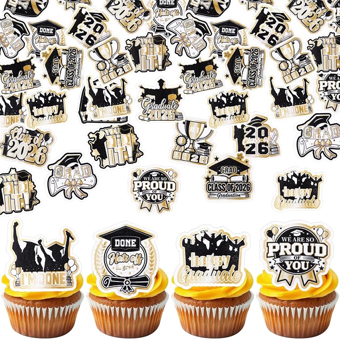 60 PCS Edible 2026 Graduation Cupcake Toppers Diploma Congrats Grad Cap Cupcake Picks Edible Done You Did it Cake Decorations for Class of 2026 Graduation Theme Party Decorations Supplies Black Gold