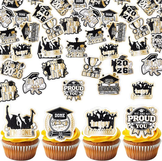 60 PCS Edible 2026 Graduation Cupcake Toppers Diploma Congrats Grad Cap Cupcake Picks Edible Done You Did it Cake Decorations for Class of 2026 Graduation Theme Party Decorations Supplies Black Gold