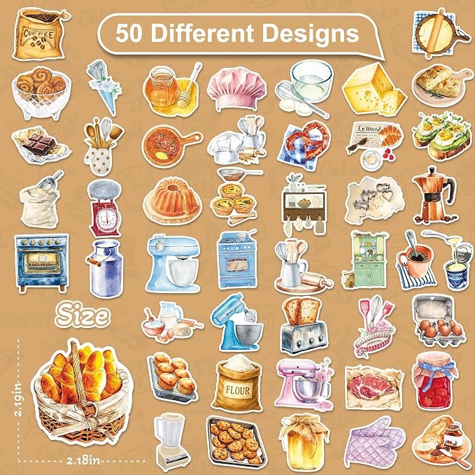 50 Pcs Bakery Stickers for Scrapbooking, Waterproof Vinyl Kitchen Tools Stickers for Laptops Water Bottles Journals, Cute Cooking Food Decals for Adults Teens Girls