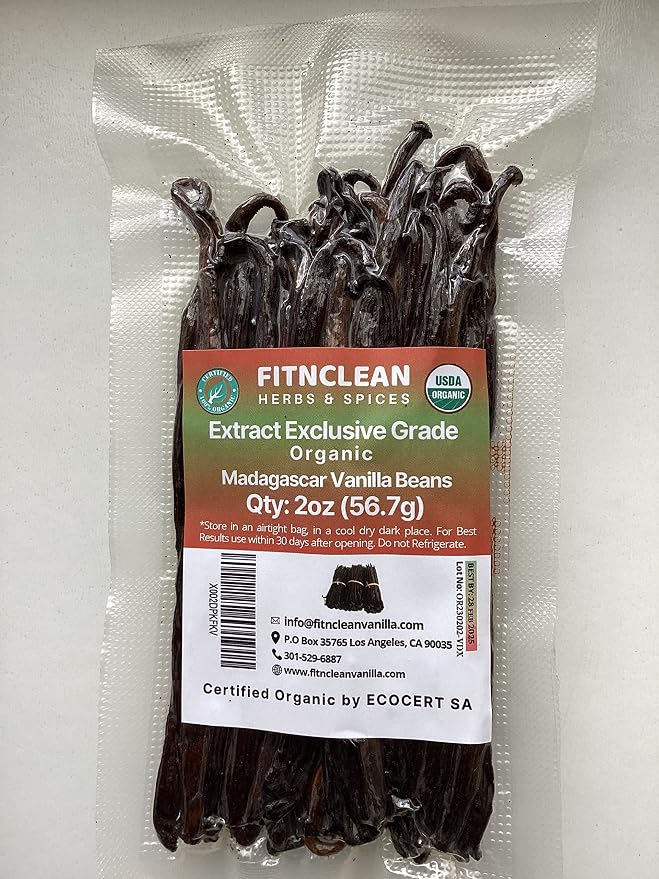 2oz Madagascar Organic Vanilla Beans Extract Exclusive Grade B. Certified USDA Organic | Weight - 2 Ounces (1/8 Lb) by FITNCLEAN VANILLA Bulk Dry Whole NON-GMO Pods