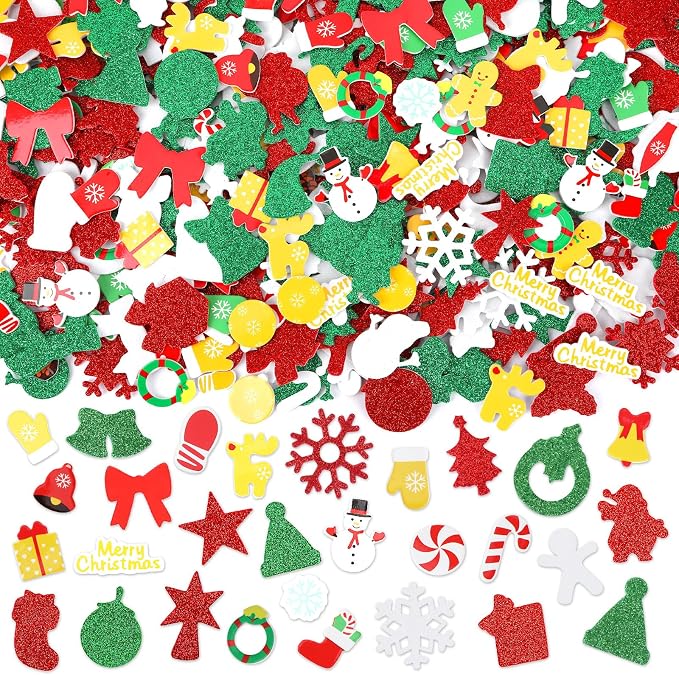 SEPGLITTER 600Pcs Christmas Foam Sticker Xmas Glitter Self Adhesive Sticker | Santa Claus Snowman Snowflake Decal for Kids, Handmade Card DIY Arts Crafts, Winter Party Favors Decorations