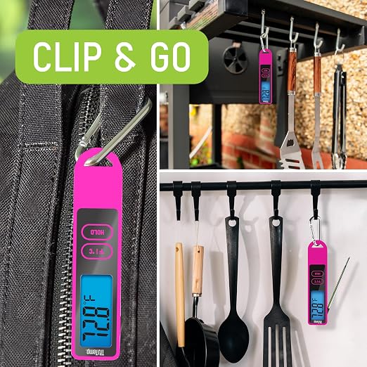 Taylor TruTemp Compact Digital Folding Meat Thermometer with Carabiner Clip for Grilling, BBQ, Kitchen & Food, Gadget Essential, Gifts, Pink
