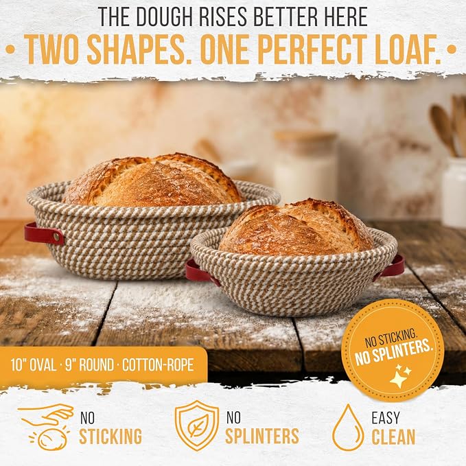 TheWarmUp Sourdough Starter Kit for Beginners with Baking Course & Video Guides, Large 40 oz Glass Jar, 10" Oval and 9" Round Bannetons, Danish Whisk, Lame, Dough & Bowl Scraper, 16 Stencils