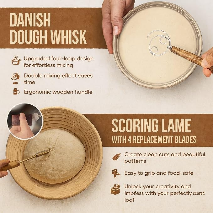 Banneton Bread Proofing Basket Set, 2 x Round 9 Inch Bread Proofing Baskets, Bread Lame, Dough Whisk, Brush, Scrapers and Flour Duster, Sourdough Bread Baking Supplies and tools, Bread Making Kit