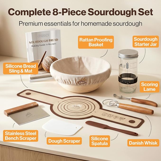 EDELHAUS Banneton Proofing Basket Complete Set Round – Complete Sourdough Bread Baking Kit with Banneton Basket, Dough Tools, Sourdough Starter Jar, Bread Lame, Bench Scraper & Baking Mats