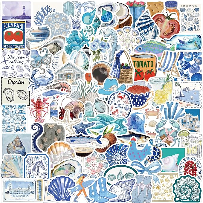 100 Pcs Coastal Blue Stickers for Scrapbooking, Waterproof Vinyl Nautical Ocean Stickers for Laptops Water Bottles Journals, Vintage Coastal Seaside Shell Decals for Adults Teens