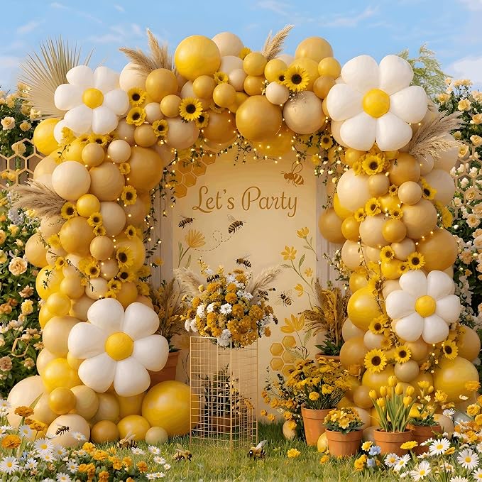 Bee Balloon Garland Arch Kit, Mustard Yellow Brown White Balloons with Daisy Balloon for Sunflower Bee Theme Gender Reveal Birthday Party Baby Shower Decorations