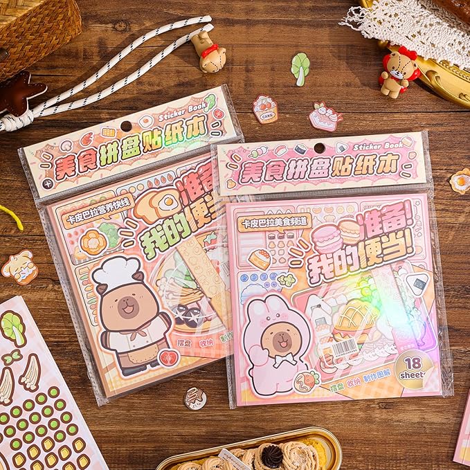 Girl's Japanese Kawaii Food Platter Scene Sticker Book, 18 Sheets DIY Lunchbox Stickers, 3 Recipes + 15 Plating Stickers Book for DIY Scrapbooking Journaling Handbook Decoration