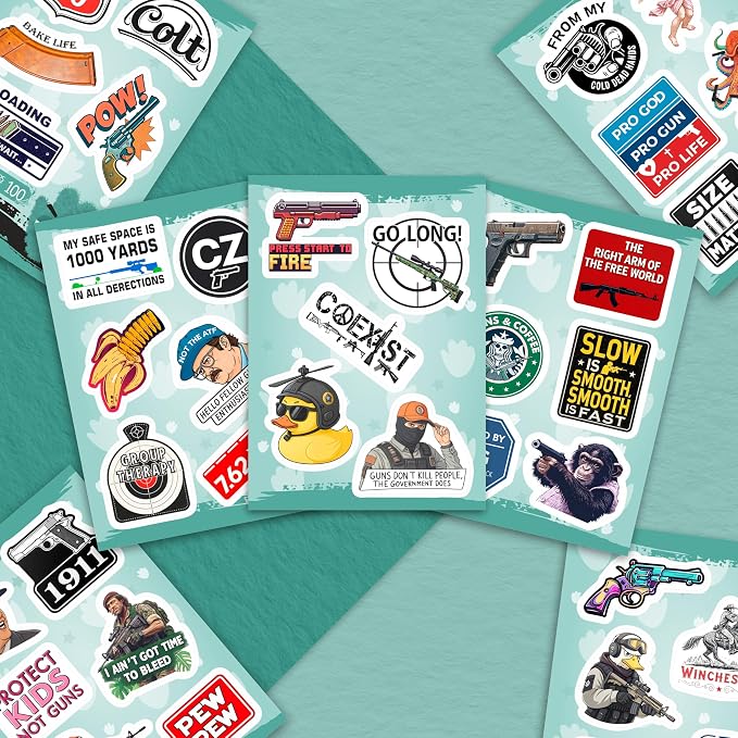 100Pcs Firearm Stickers and Decals, Gun & Tactical Stickers Pack- Military Decals - Firearm Party Decorations - Gift for Women & Men