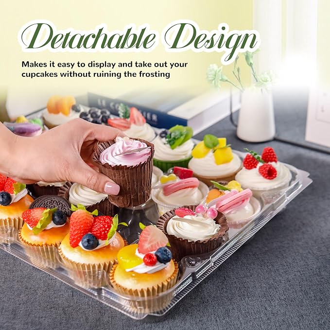 NPLUX 24 Count Cupcake Containers 15 Pack Cupcake Holders Plastic Clear Disposable Cupcake Containers with Detachable Tall Dome Lids and 360 Liners for 360 Cupcakes, BPA Free, Stand Size