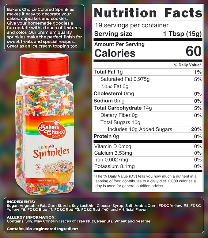 Bakers Choice Rainbow Sprinkles for Baking - Rainbow Jimmies Sprinkles for Ice Cream Toppings - Dairy Free, Kosher 10 Ounce